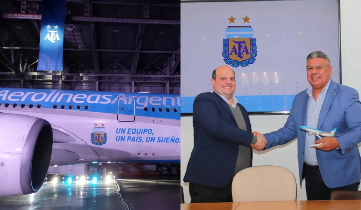 Ceriani junto a Tapia tras firmar el acuerdo entre Aerolíneas Argentinas y la AFA.
