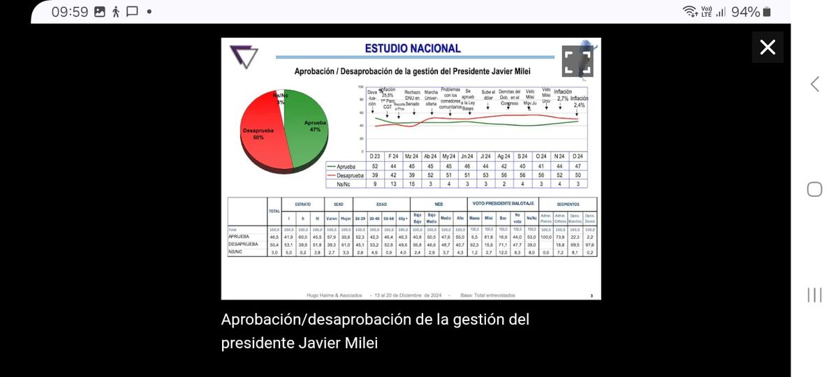 Existen más argentinos que desaprueban a Javier Milei (50%) que quienes lo aprueban (47%) según Hugo Haime Existen más argentinos que desaprueban a Javier Milei (50%) que quienes lo aprueban (47%) según Hugo Haime