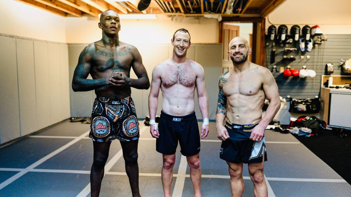 Zuckerberg entrenando junto a Israel Adesanya y Alexander Volkanovski, campeones de Peso Mediano y Peso Pluma respectivamente de la UFC. Zuckerberg entrenando junto a Israel Adesanya y Alexander Volkanovski, campeones de Peso Mediano y Peso Pluma respectivamente de la UFC.