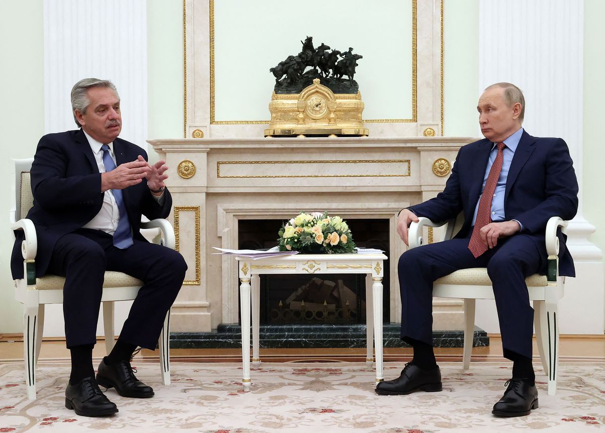 El presidente Alberto Fernández y su par ruso Vladímir Putin en un encuentro para acuerdos comerciales.