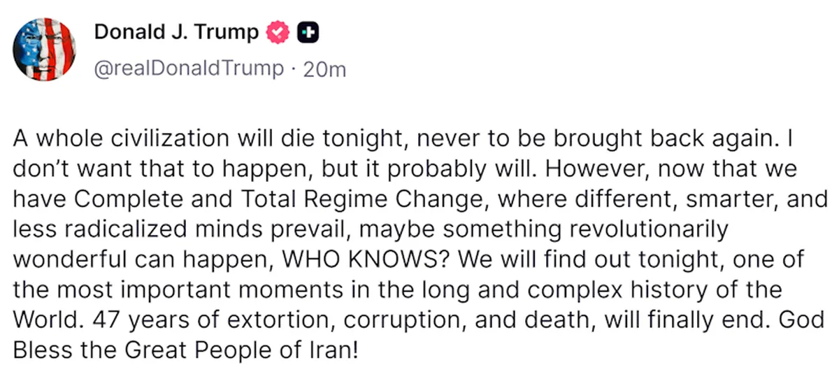 Posteo de Trump de este martes 7 de abril en vísperas del plazo límite que fijó a Irán. | CAPTURA TRUTH SOCIAL Posteo de Trump de este martes 7 de abril en vísperas del plazo límite que fijó a Irán. | CAPTURA TRUTH SOCIAL