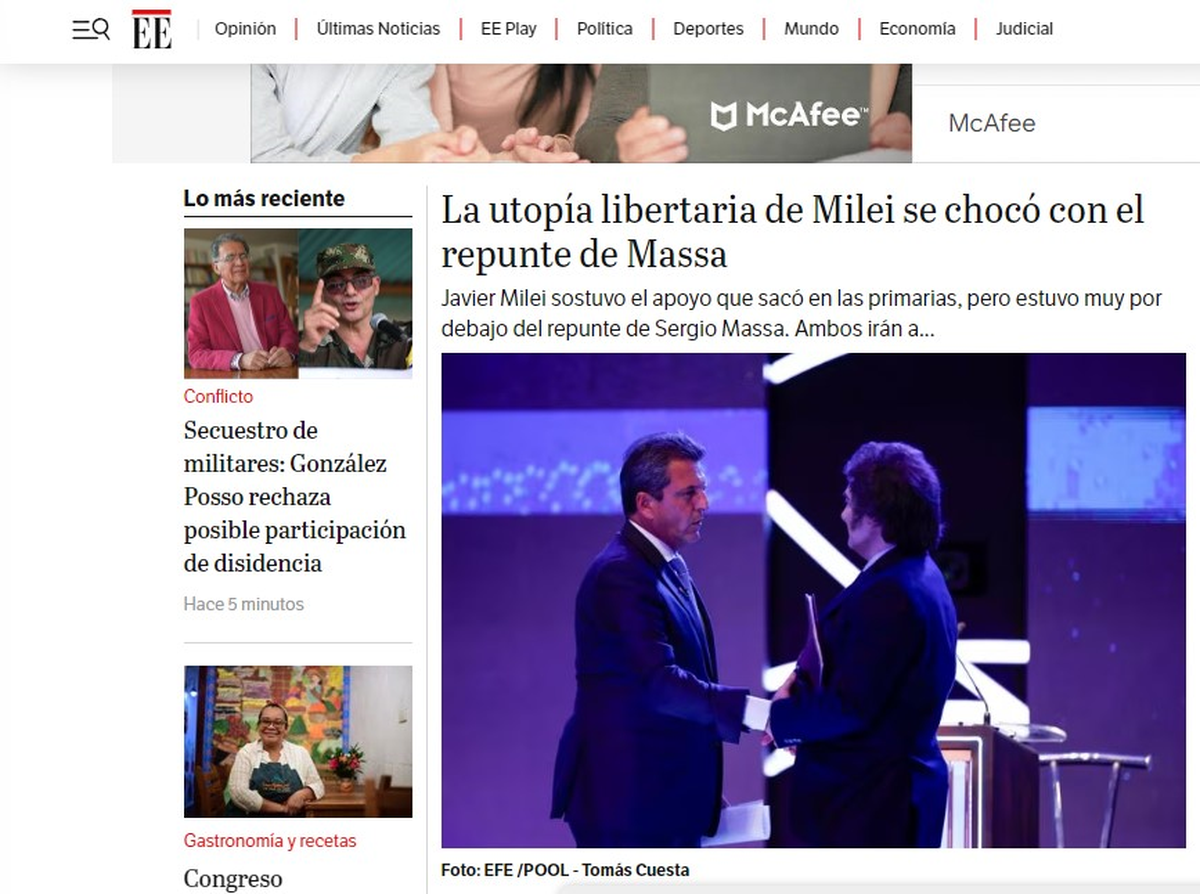 El Espectador de Colombia ubicó en primer plana la victoria de Sergio Massa. El Espectador de Colombia ubicó en primer plana la victoria de Sergio Massa.