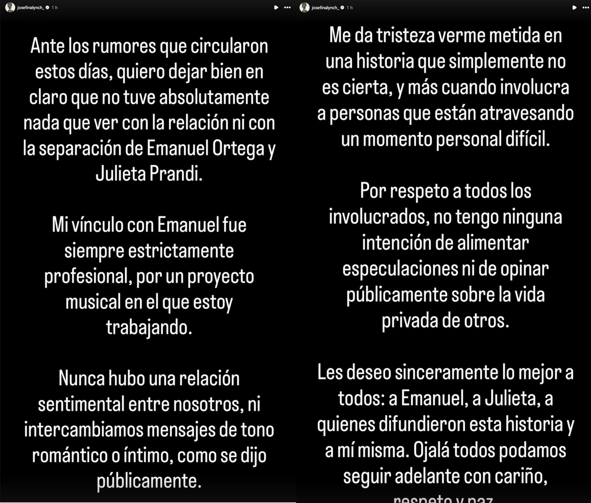 El descargo de Josefina Lynch. Foto: Instagram El descargo de Josefina Lynch. Foto: Instagram