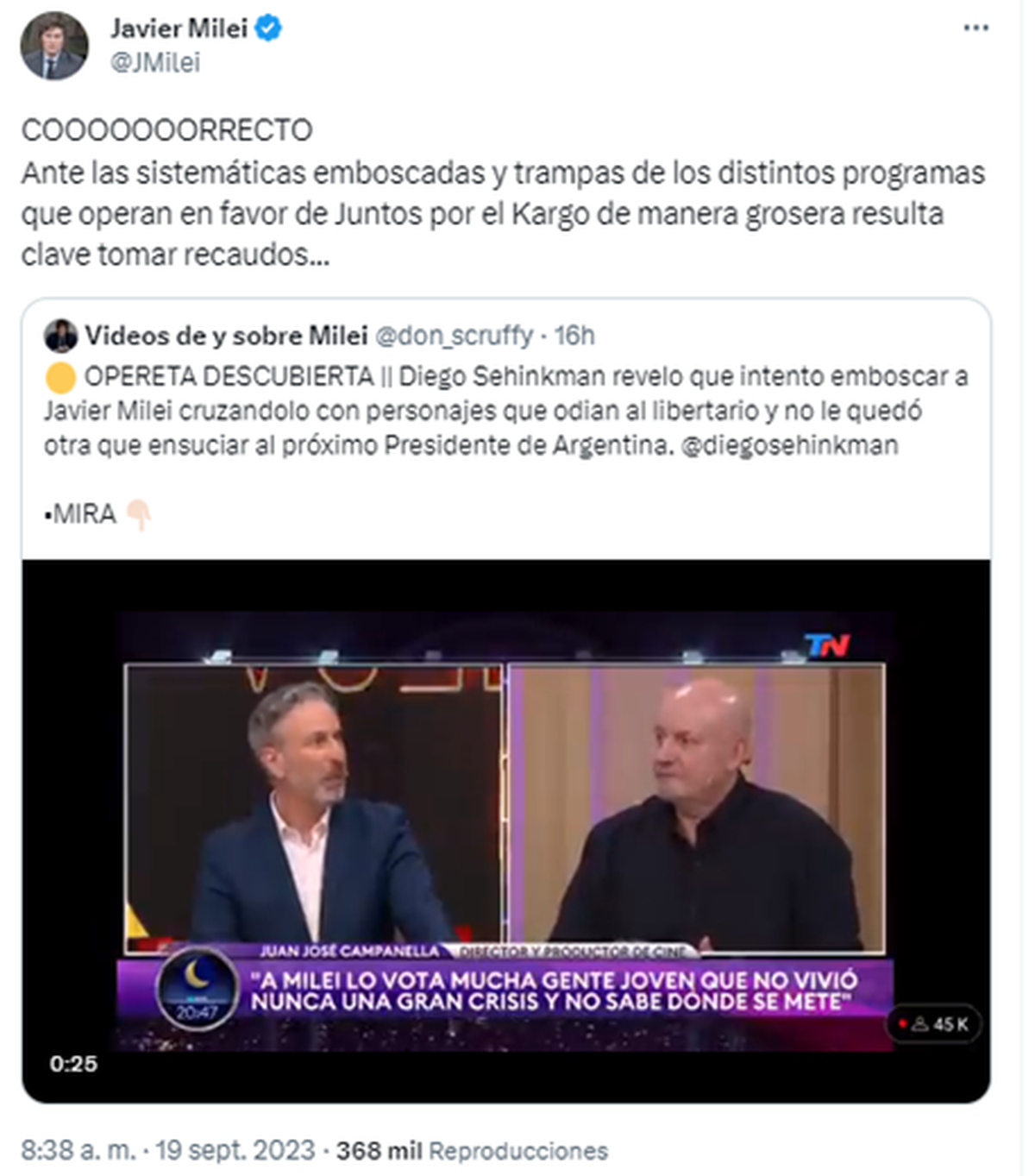 La respuesta de Javier Milei ante el planteo de Diego Sehinkman. La respuesta de Javier Milei ante el planteo de Diego Sehinkman. 