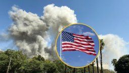Fotomontaje de un bombardeo israelí en Siria, junto a la imagen de la bandera de Estados Unidos