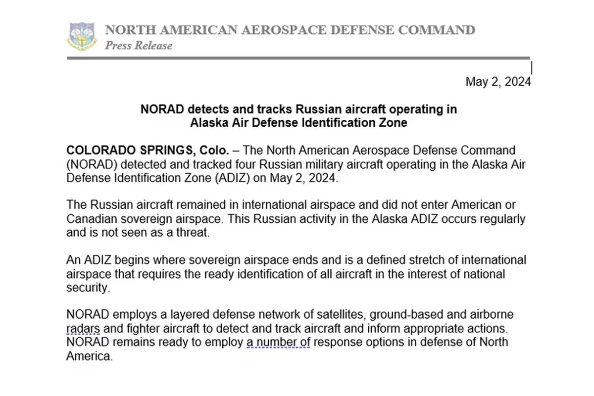 NORAD informa del monitoreo de aviones bombarderos rusos.