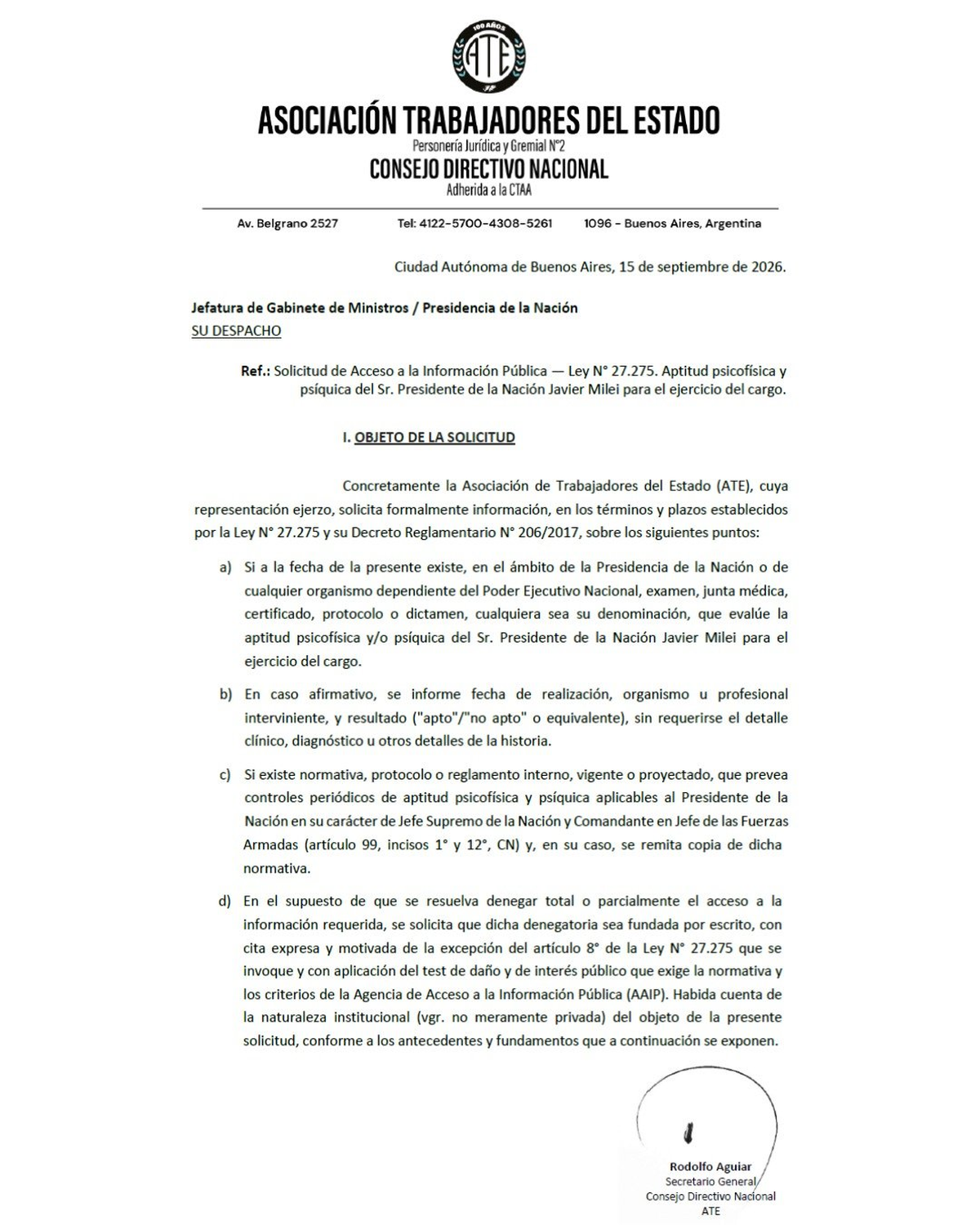 La solicitud de informes sobre la salud de Javier Milei presentado por ATE.