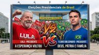 Imagen creada con IA sobre la contienda electoral que en pocos días enfrentará a Lula y Flávio Bolsonaro.