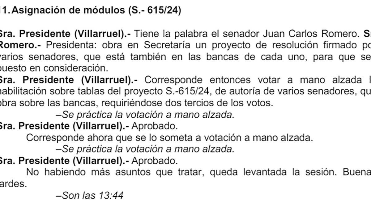 Extracto de la versión taquigráfica de la sesión del Senado donde se aprobaron los aumentos en las dietas. No hay acta de votación por tratarse de una votación a mano alzada o signos.