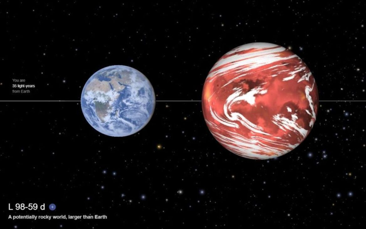 La comparación del planeta L98-59D con la Tierra. (Foto: NASA). La comparación del planeta L98-59D con la Tierra. (Foto: NASA).