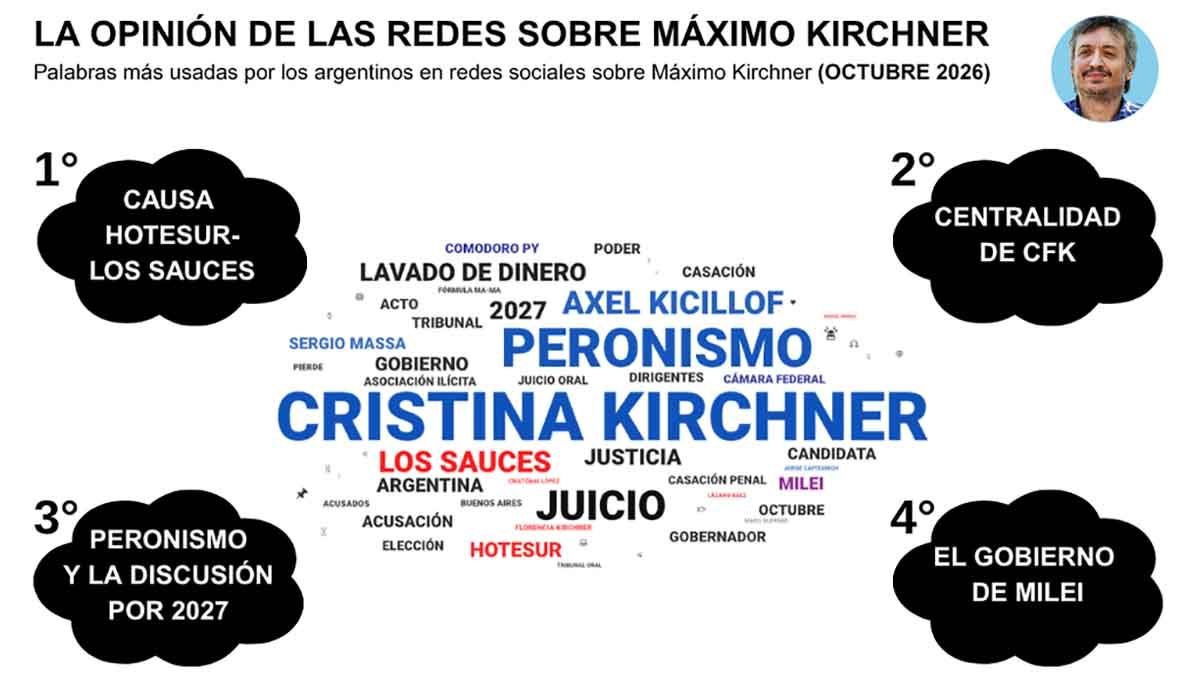 M&aacute;ximo Kirchner y una nube de t&eacute;rminos donde no aparecen propuestas ni temas vinculados a su actividad pol&iacute;tica.