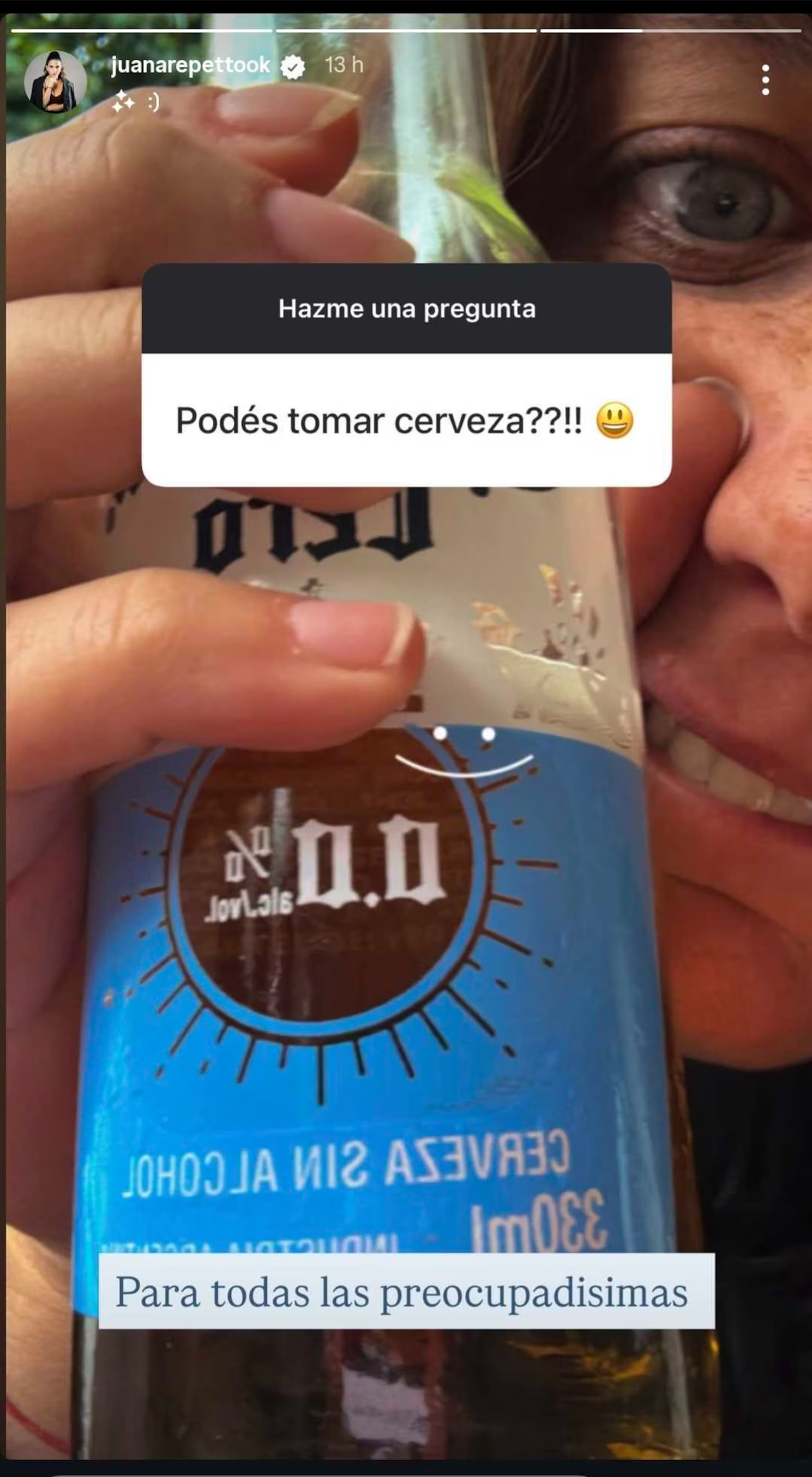 Juana Repetto mostró un almuerzo con amigos donde aparecía una cerveza y generó dudas sobre si consumía alcohol durante el embarazo. Aclaró que era sin alcohol y mantuvo su postura de transparencia. Juana Repetto mostró un almuerzo con amigos donde aparecía una cerveza y generó dudas sobre si consumía alcohol durante el embarazo. Aclaró que era sin alcohol y mantuvo su postura de transparencia.