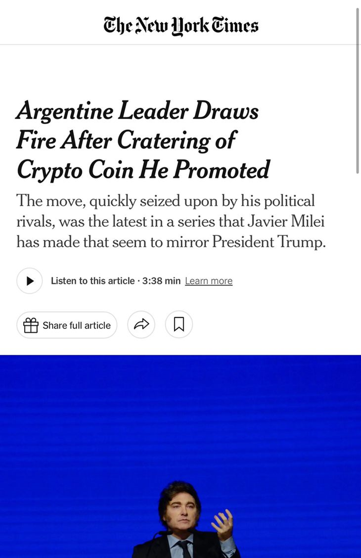 Fenómeno barrial: Milei fue tapa en The New York Times por el fraude de $LIBRA
