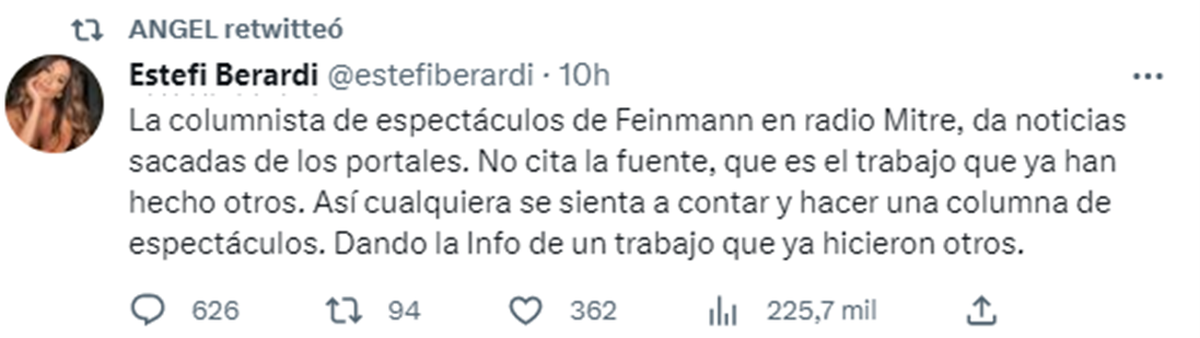 El tuit de Berardi, con el sorpresivo aval de De Brito. 