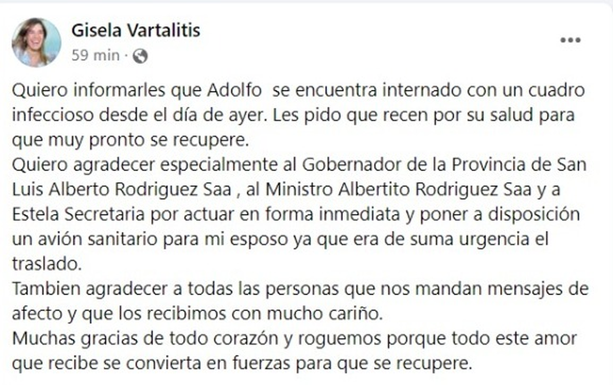 El mensaje de la esposa de Adolfo Rodríguez Saá, Gisela Vartalitis, sobre la salud del senador.
