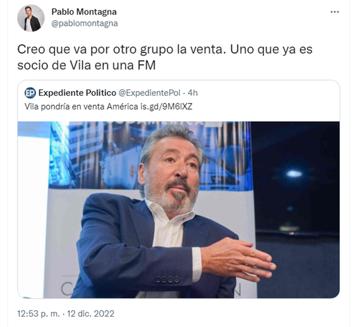 Montagna deslizó, aunque sin mencionarlo, que el conglomerado de Marcelo Fígoli, Alpha Media Group, está interesado en el Grupo América.