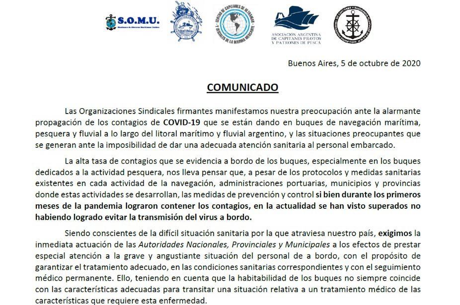 El comunicado de los 5 sindicatos marítimos por los contagios en los buques