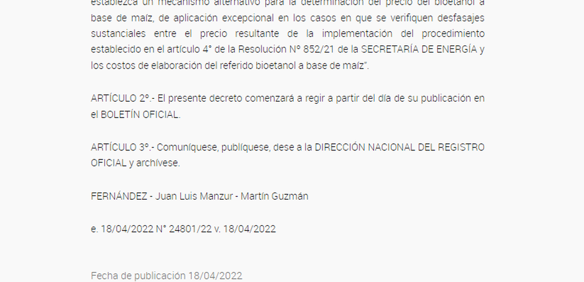 Mediante el decreto 184/2022, se aprobó una nueva forma de actualización en el precio de etanol a base de maíz y caña de azúcar.
