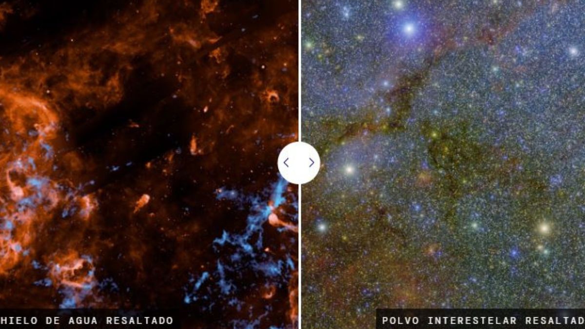 Huelo de agua y polvo interestelar captados por la misión SPHEREx. Huelo de agua y polvo interestelar captados por la misión SPHEREx.