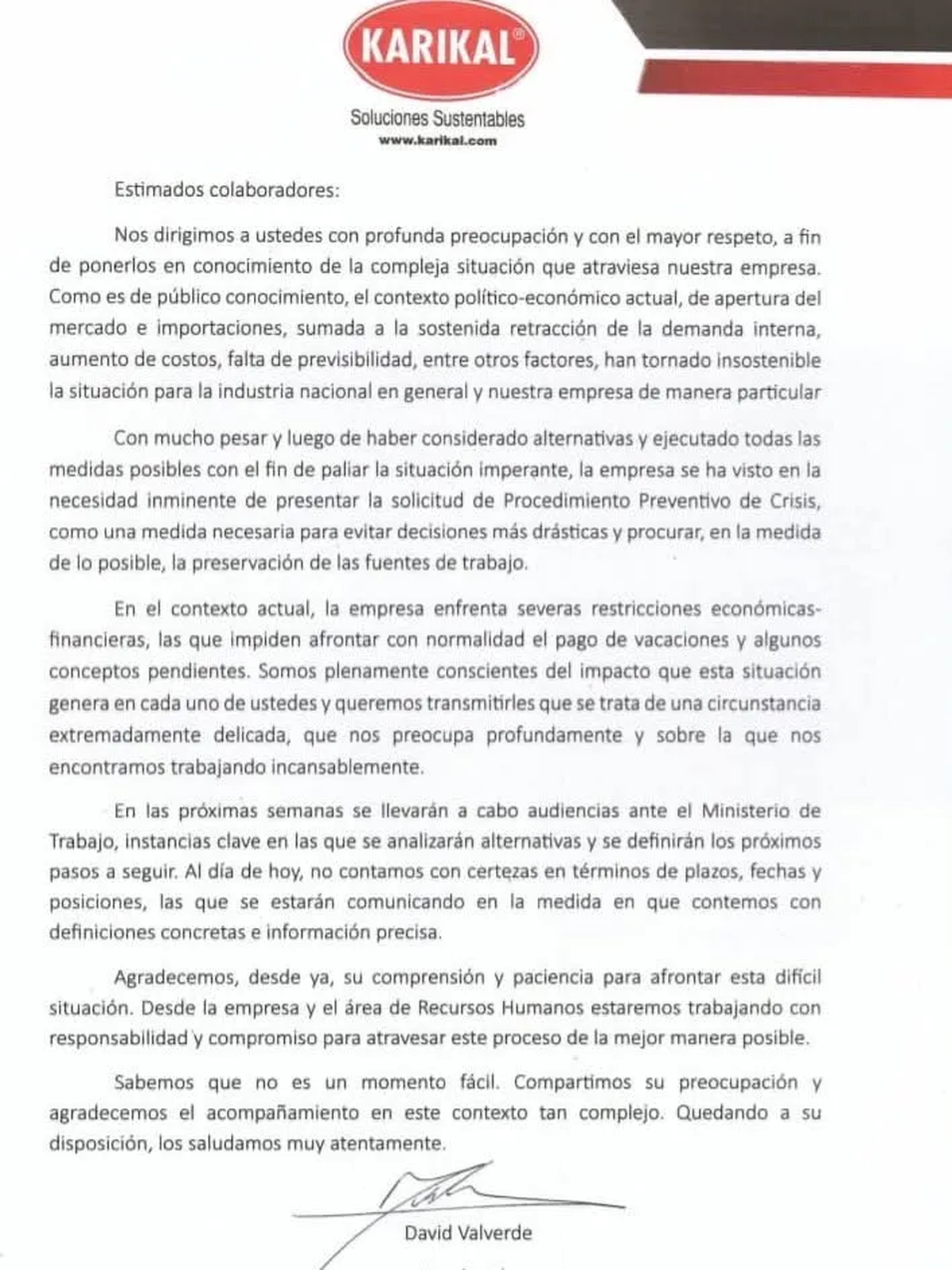 El comunicado de la empresa Karikal. El comunicado de la empresa Karikal.