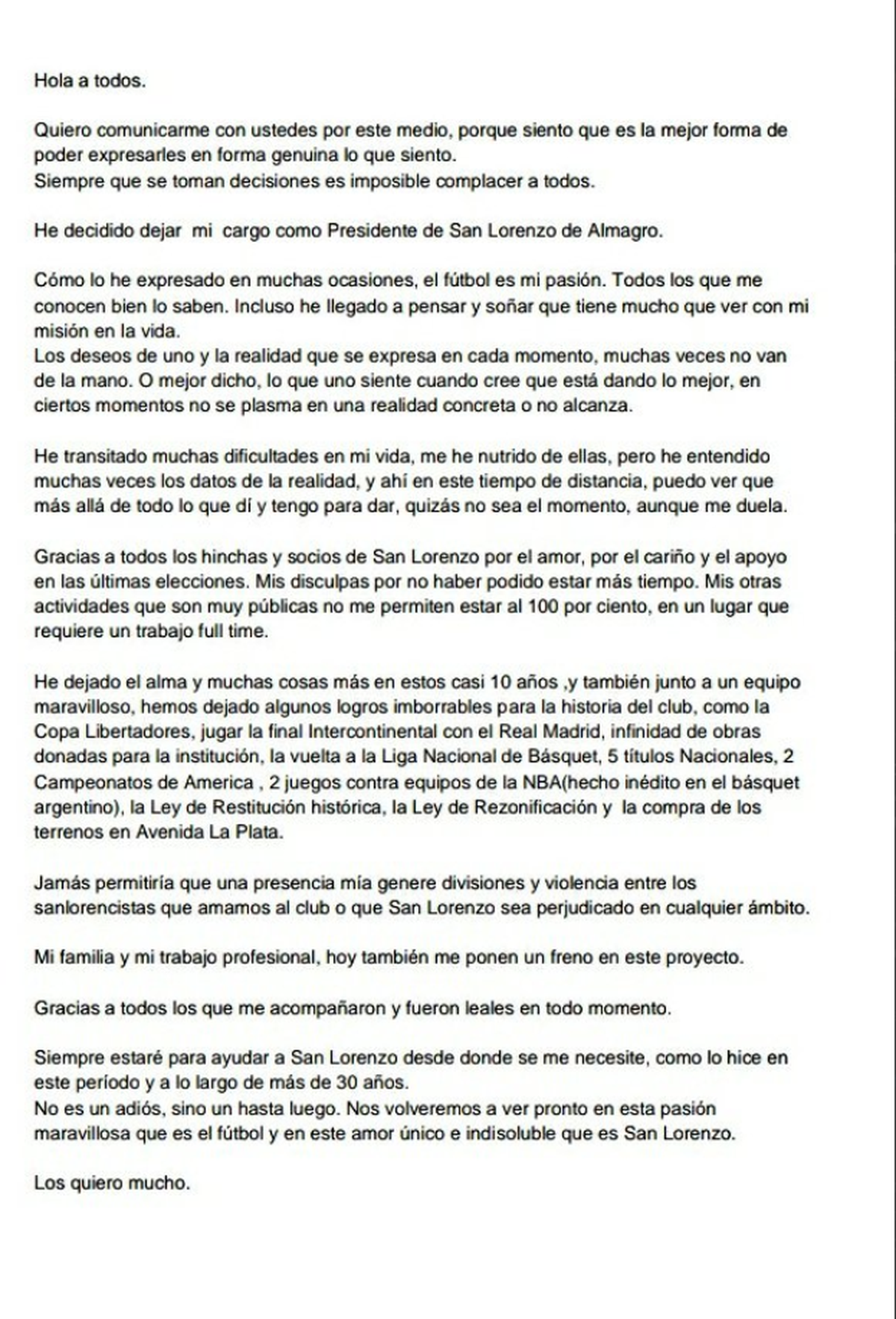 Marcelo Tinelli renunció formalmente a la presidencia de San Lorenzo con este comunicado. (Foto: Captura @cuervotinelli).