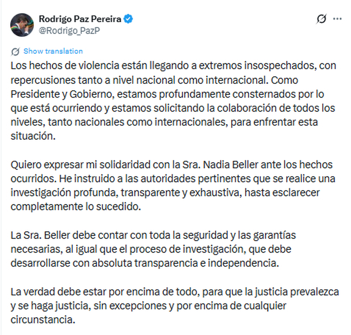 El presidente de Bolivia, Rodrigo Paz, salió a expresar su solidaridad con Nadia Beller y habló de "hechos de violencia" que trascienden fronteras, mientras enfrenta denuncias de corrupción en su gobierno. El presidente de Bolivia, Rodrigo Paz, salió a expresar su solidaridad con Nadia Beller y habló de "hechos de violencia" que trascienden fronteras, mientras enfrenta denuncias de corrupción en su gobierno.