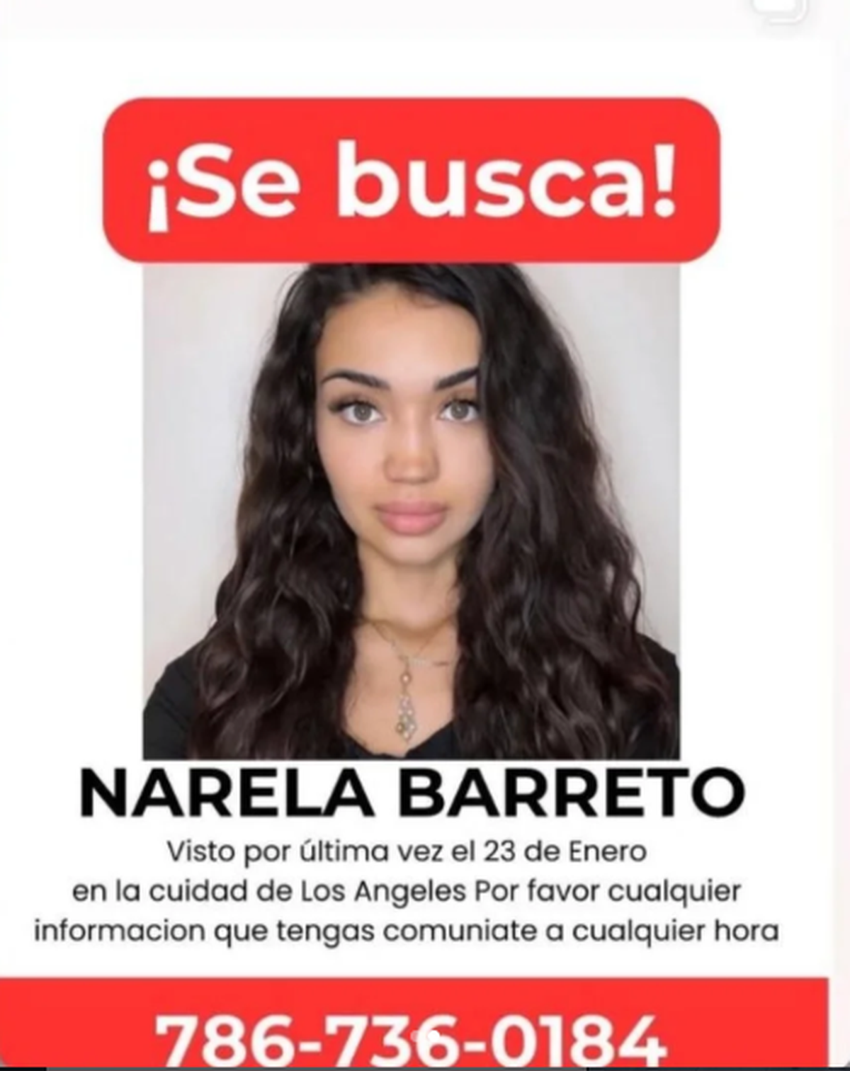 Narela Barreto, desaparecida en Los Ángeles
