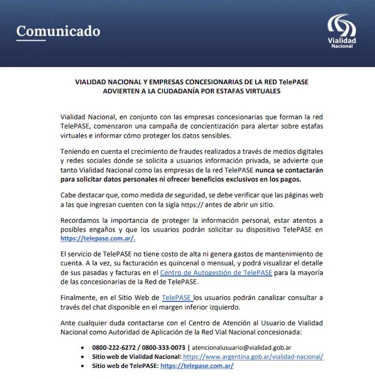 Comunicado oficial de Vialidad Nacional.