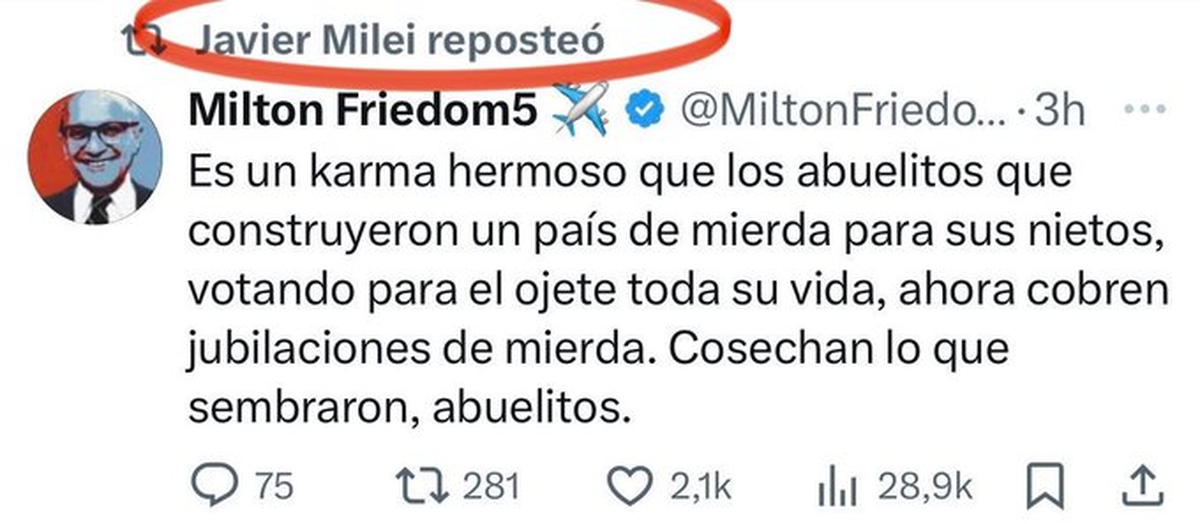 Otro reposteo polémico de Milei Otro reposteo polémico de Milei