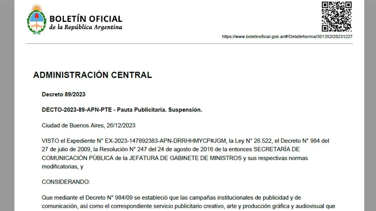 Publicidad Oficial: Suspensión por 1 año...con excepciones