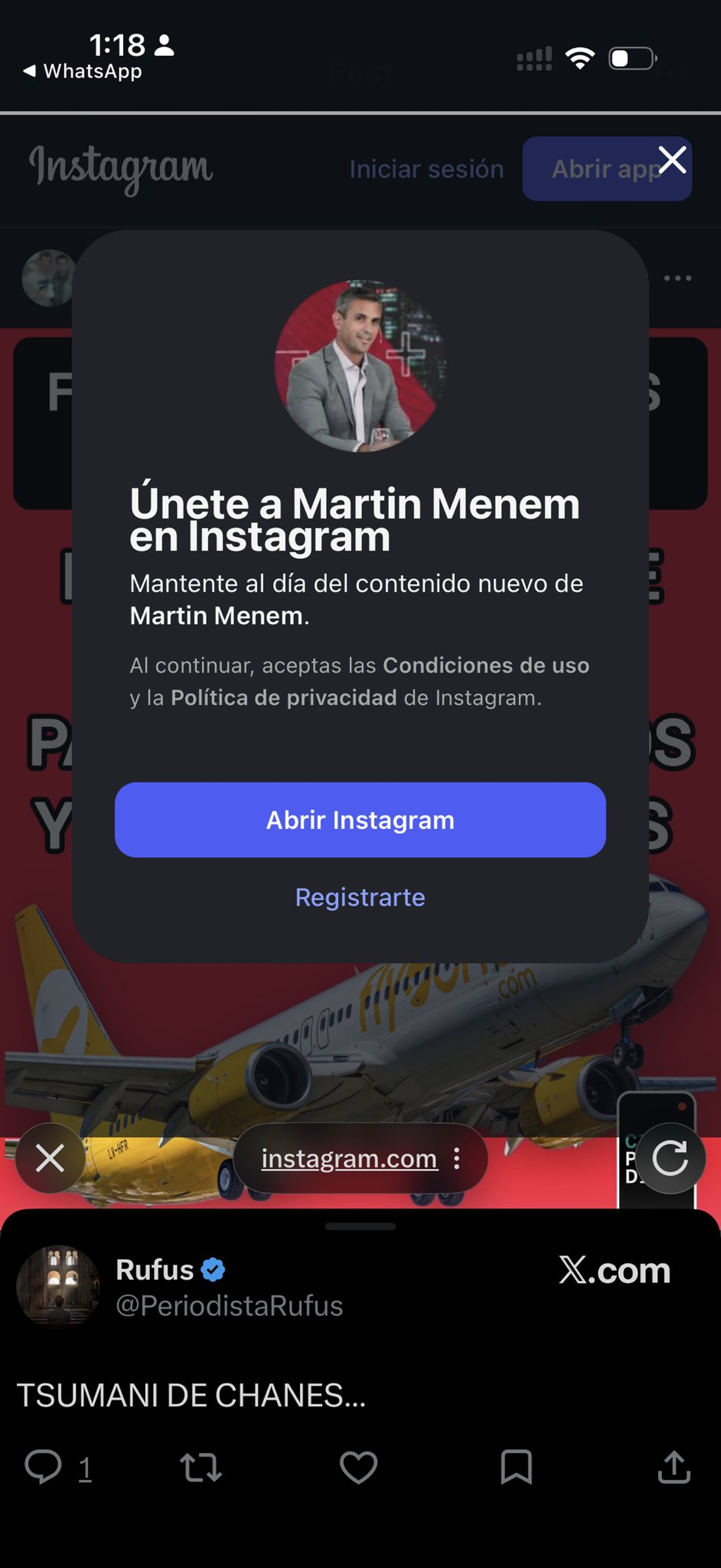 La cuenta @PeriodistaRufus quedó vinculada a Martín Menem tras un error técnico de Instagram. Foto: X La cuenta @PeriodistaRufus quedó vinculada a Martín Menem tras un error técnico de Instagram. Foto: X