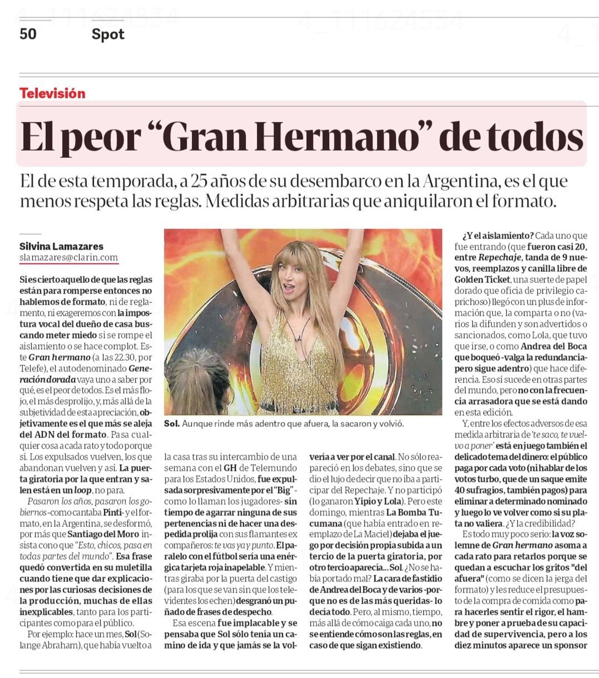 La crítica de Clarín cuestionó los constantes reingresos y cambios de reglas. Detalles llamativo: pese a que se critica el rol de Santiago Del Moro, no aparece en la portada, puesto que el conductor es una de las figuras más fuertes de Grupo Clarín. Foto: X La crítica de Clarín cuestionó los constantes reingresos y cambios de reglas. Detalles llamativo: pese a que se critica el rol de Santiago Del Moro, no aparece en la portada, puesto que el conductor es una de las figuras más fuertes de Grupo Clarín. Foto: X