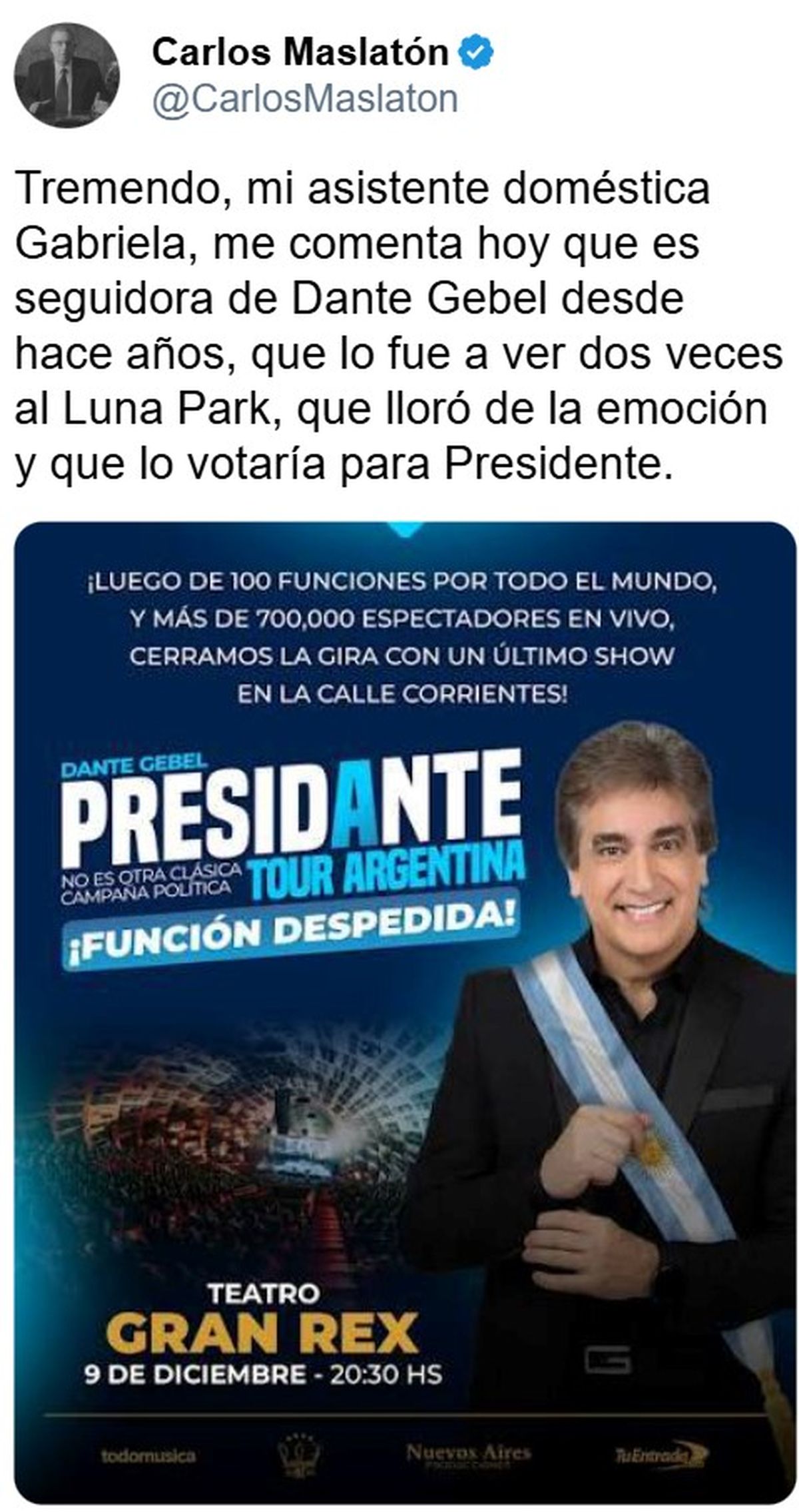 Carlos Maslatón generó revuelo en redes al contar que su empleada seguiría y votaría a Dante Gebel. "Te lo resumo así nomás" respondió irónico, señalando la sorpresa ante un fenómeno que Maslatón ya había anticipado. Carlos Maslatón generó revuelo en redes al contar que su empleada seguiría y votaría a Dante Gebel. "Te lo resumo así nomás" respondió irónico, señalando la sorpresa ante un fenómeno que Maslatón ya había anticipado. 