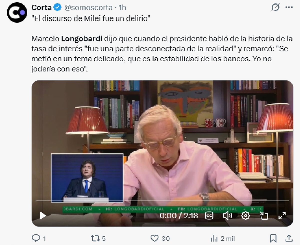 El fuerte descargo de Marcelo Longobardi por los dichos del Presidente sobre el aumento de la morosidad en el país. El fuerte descargo de Marcelo Longobardi por los dichos del Presidente sobre el aumento de la morosidad en el país.