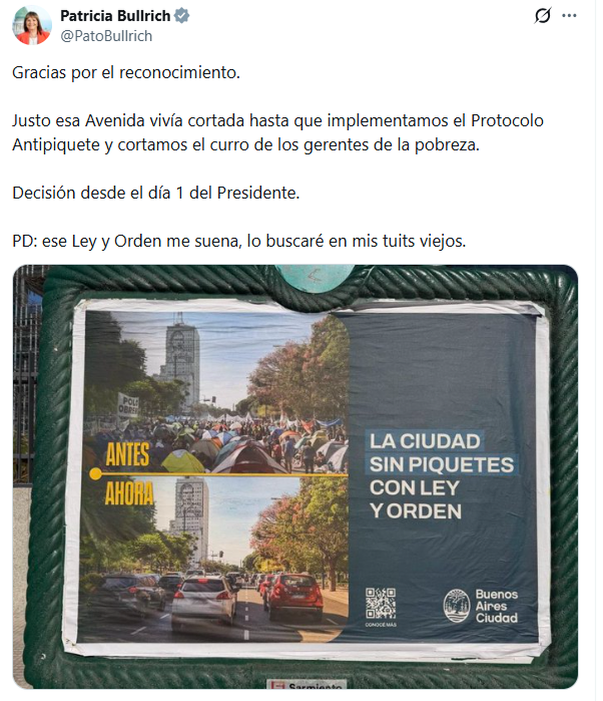 Patricia Bullrich y su posteo dirigido a Jorge Macri. Patricia Bullrich y su posteo dirigido a Jorge Macri.