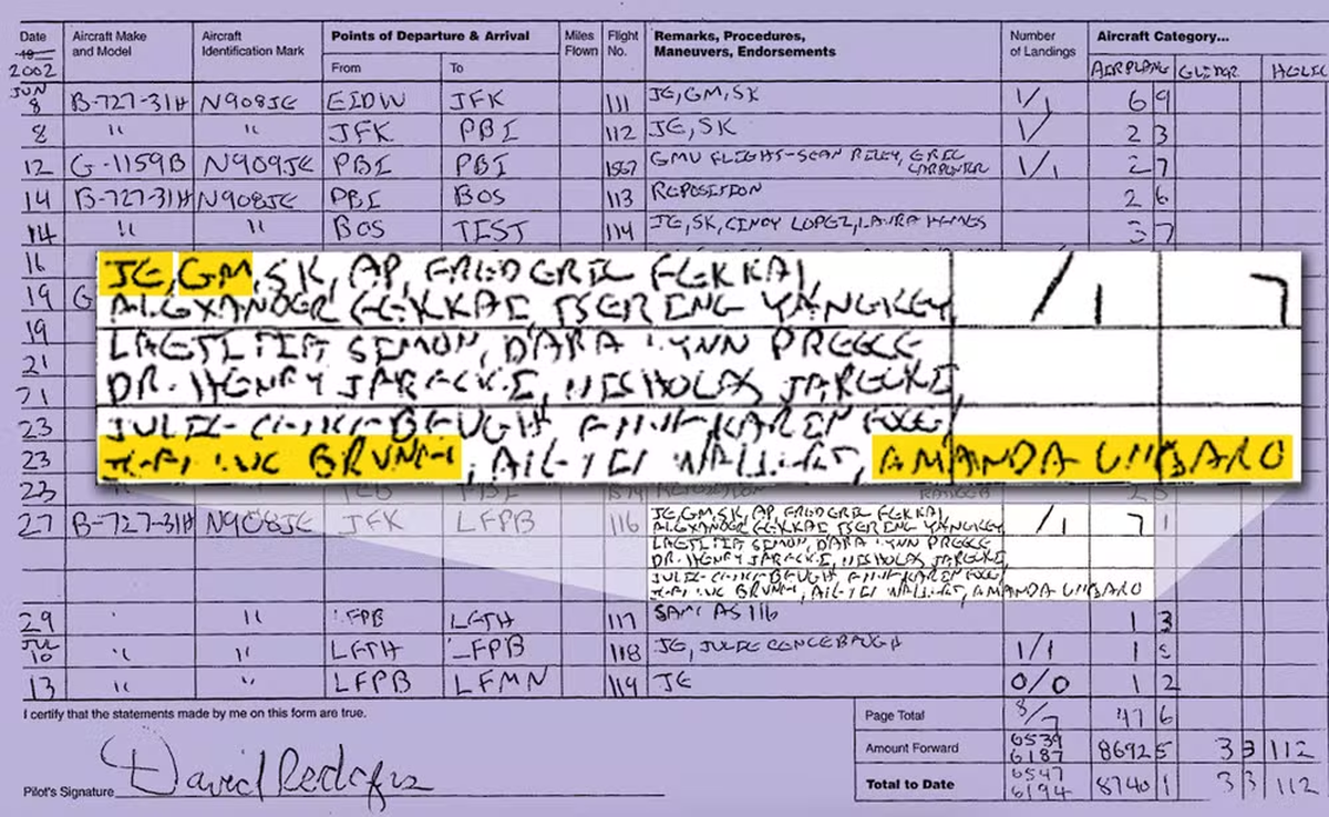 Un documento muestra a Amanda Ungaro en la lista de pasajeros del “Lolita Express”. La imagen incluye docenas de nombres de un vuelo del 27 de junio de 2002 entre París y Nueva York, entre ellos Jeffrey Epstein (“JE”), Ghislaine Maxwell (“GM”) y Jean-Luc Brunel. — Foto: Departamento de Justicia de EE. UU. Un documento muestra a Amanda Ungaro en la lista de pasajeros del “Lolita Express”. La imagen incluye docenas de nombres de un vuelo del 27 de junio de 2002 entre París y Nueva York, entre ellos Jeffrey Epstein (“JE”), Ghislaine Maxwell (“GM”) y Jean-Luc Brunel. — Foto: Departamento de Justicia de EE. UU.