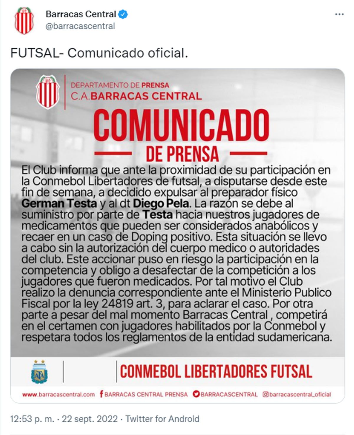 Barracas Central, del presidente de la AFA Claudio “Chiqui” Tapia, echó al cuerpo técnico del equipo de futsal por suministrarle anabólicos al plantel.