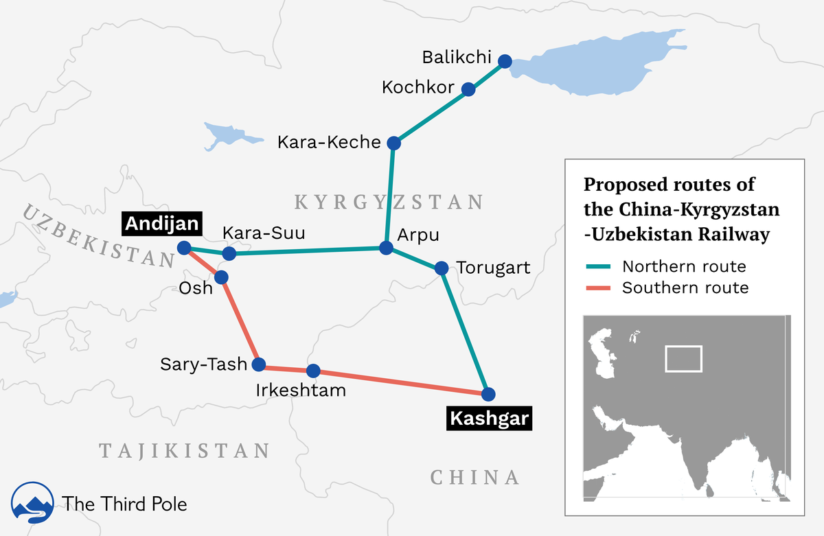 Mapa de la ruta norte del tren CKU, que uniría a la República Popular de China con Kirguistán y Uzbekistán. Mapa de la ruta norte del tren CKU, que uniría a la República Popular de China con Kirguistán y Uzbekistán.