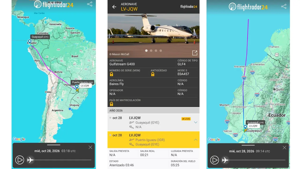 Fl&aacute;vio Bolsonaro sali&oacute; de Brasil rumbo a Estados Unidos acusando persecuci&oacute;n pol&iacute;tica. Su paso por Argentina y las contradicciones en las explicaciones del Gobierno argentino hicieron sospechar de una posible coordinaci&oacute;n pol&iacute;tica. Foto: Captura FlightRadar24