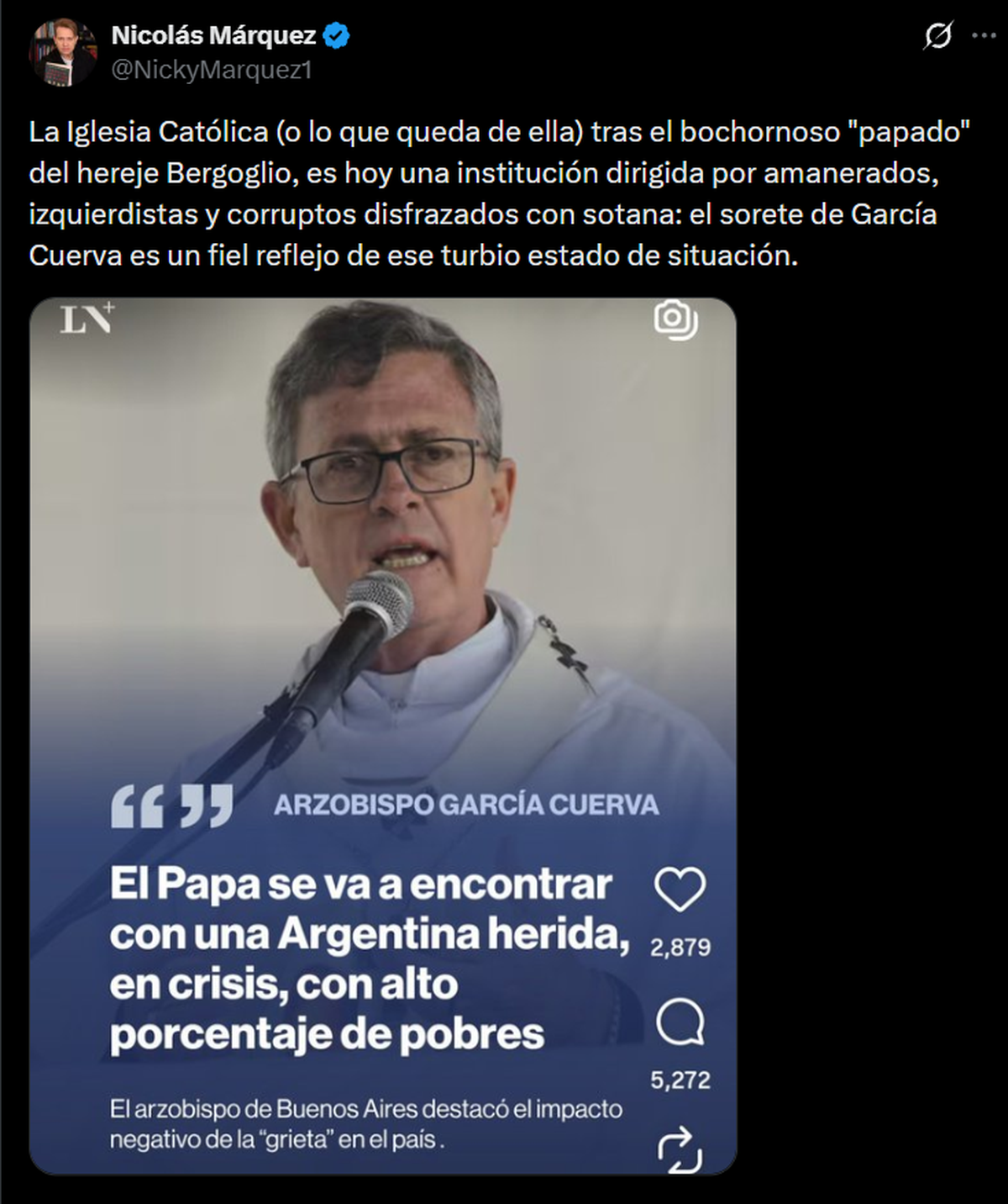Esta vez, el biógrafo de Milei volvió a cargar contra la Iglesia con durísimas expresiones justo cuando el Gobierno prepara la visita papal. Foto: X Esta vez, el biógrafo de Milei volvió a cargar contra la Iglesia con durísimas expresiones justo cuando el Gobierno prepara la visita papal. Foto: X