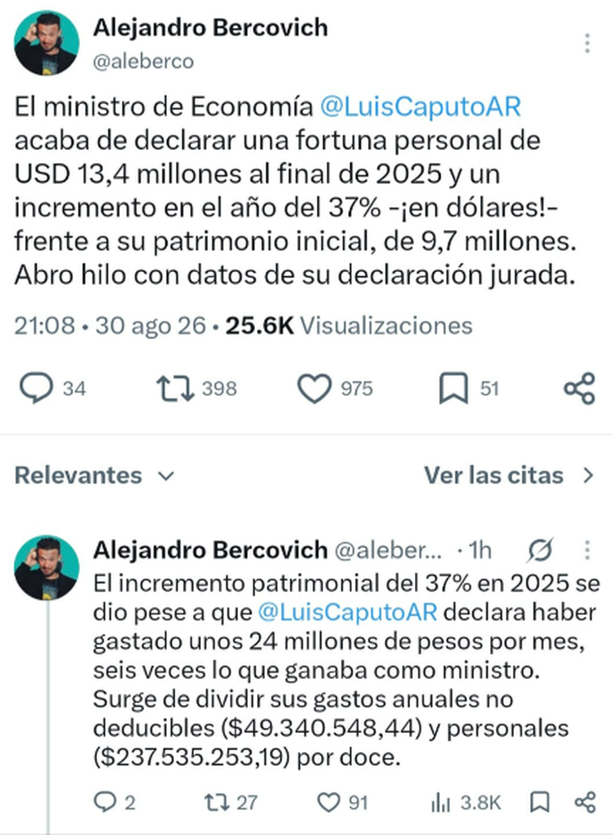 Posteos de Alejandro Bercovich sobre el incremento patrimonial del ministro Luis Caputo. Fuente: X