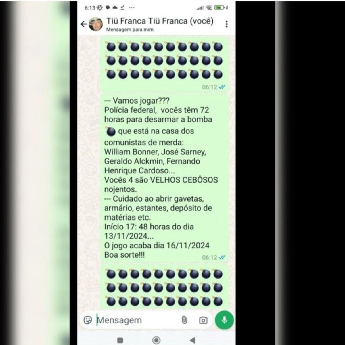 El sospechoso dejó un mensaje con amenazas a políticos y periodistas e un grupo de Whatsapp App. El sospechoso dejó un mensaje con amenazas a políticos y periodistas e un grupo de Whatsapp App.