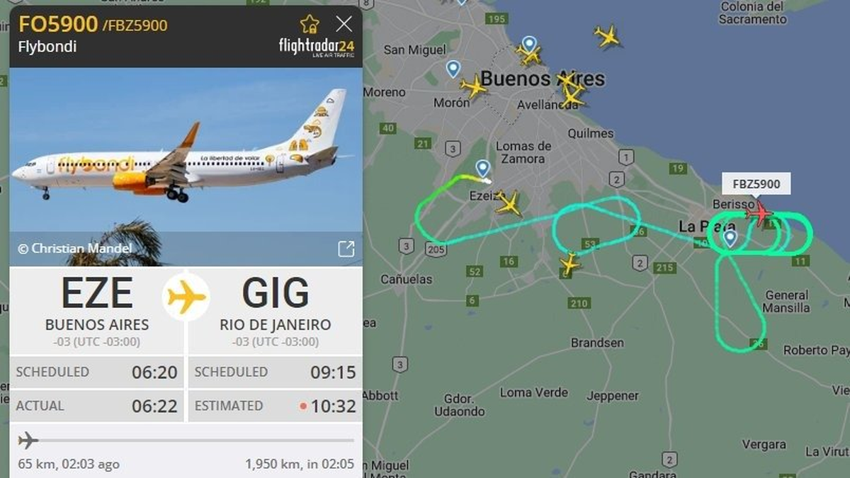 El vuelo de Flybondi debió retornar a Ezeiza luego de realizar 16 vueltas en circulo.