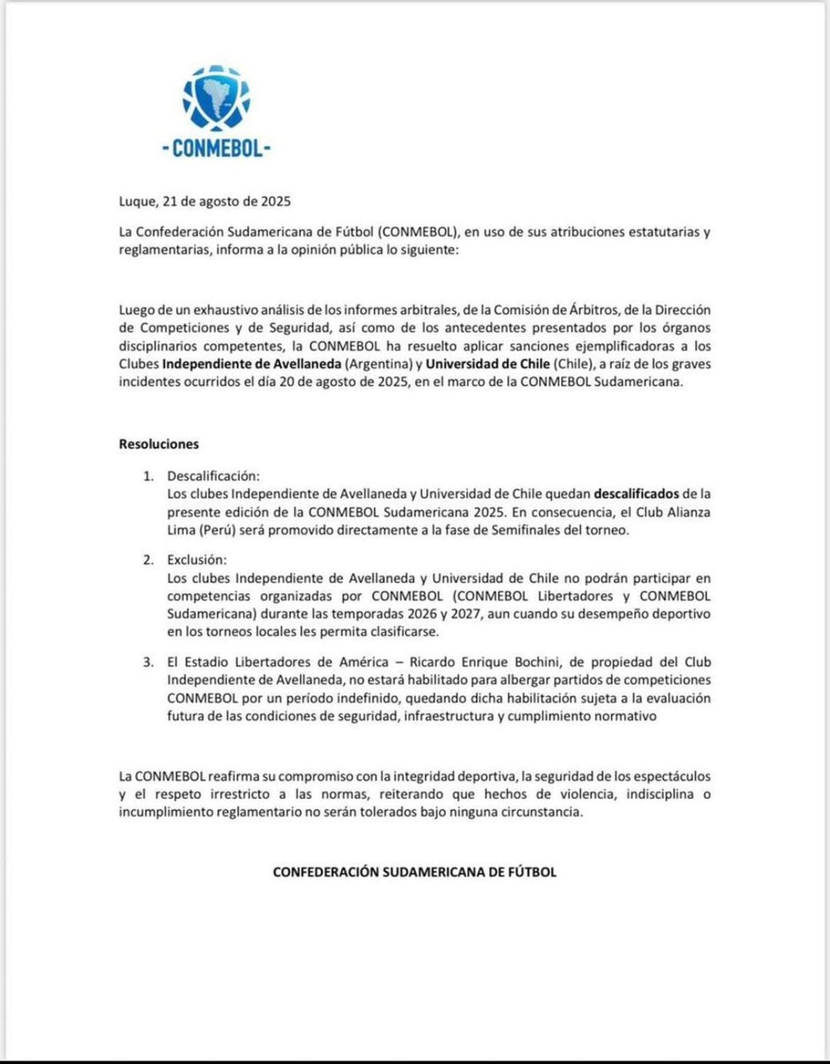 La supuesta nota de Conmebol, la cual no es oficial y se desconoce la veracidad. La supuesta nota de Conmebol, la cual no es oficial y se desconoce la veracidad.