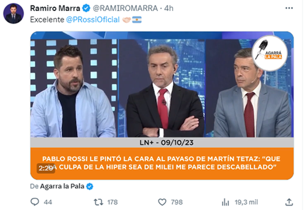 Ramiro Marra, candidato a Jefe de Gobierno porteño por La Libertad Avanza, agradeció los dichos de Rossi. Ramiro Marra, candidato a Jefe de Gobierno porteño por La Libertad Avanza, agradeció los dichos de Rossi. 