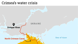 Ucrania reclama Crimea pero la castiga muchísimo. Los puntos rojos eran el flujo de agua dulce a Crimea, que Ucrania llegó a cortar, y Rusia restableció al ocupar la región del Donbas.