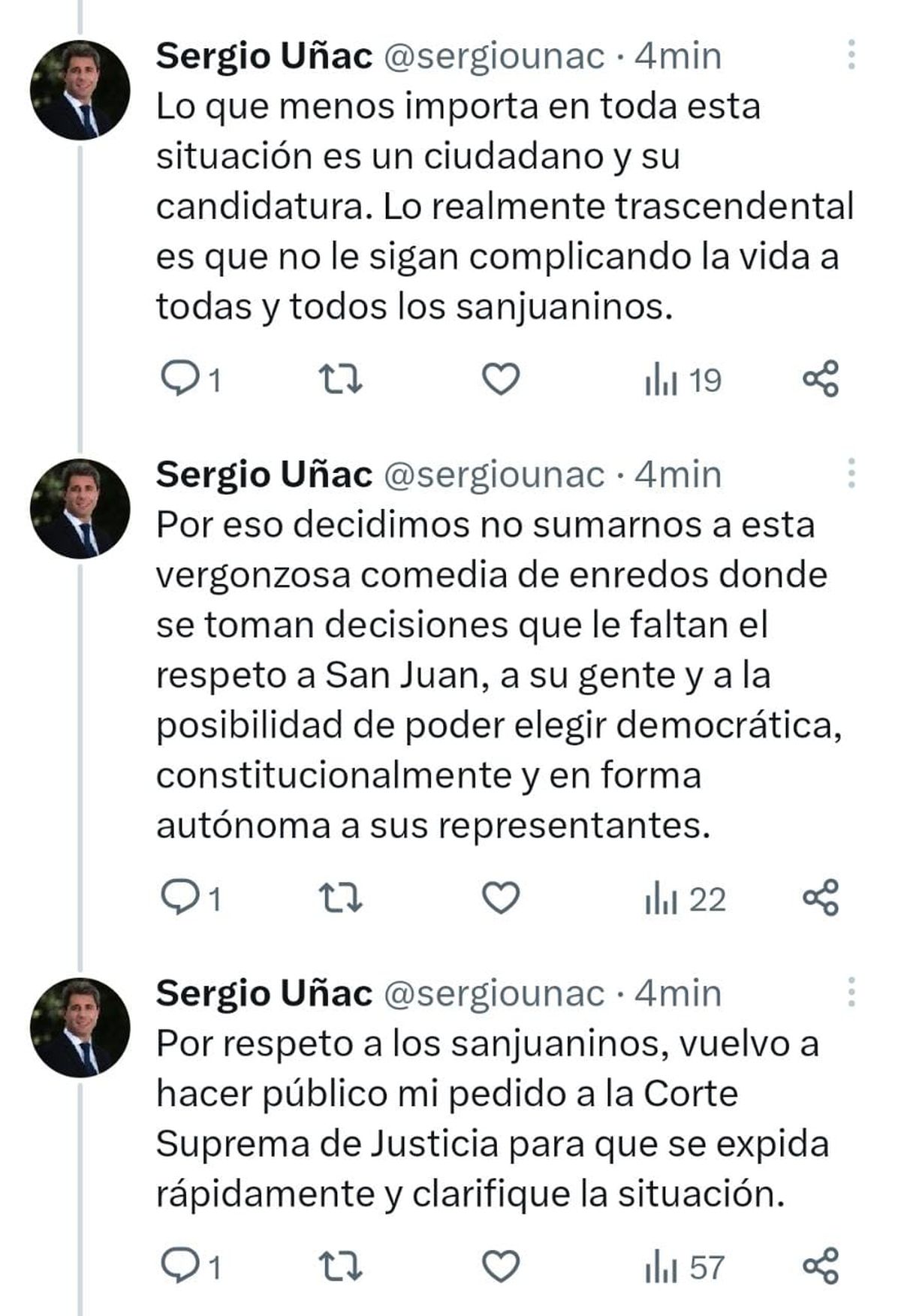 Así se expresó Sergio Uñac por Twitter