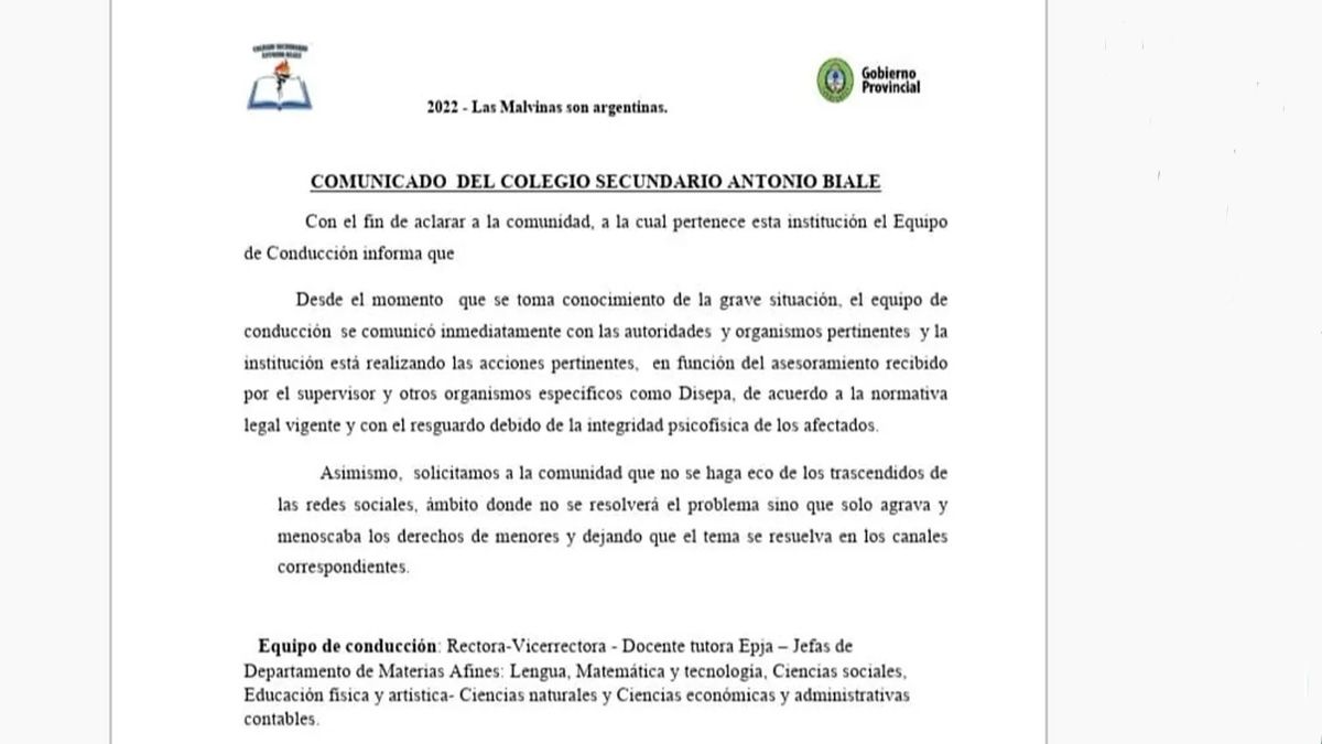 El comunicado emitido por el colegio secundario Antonio Biale.