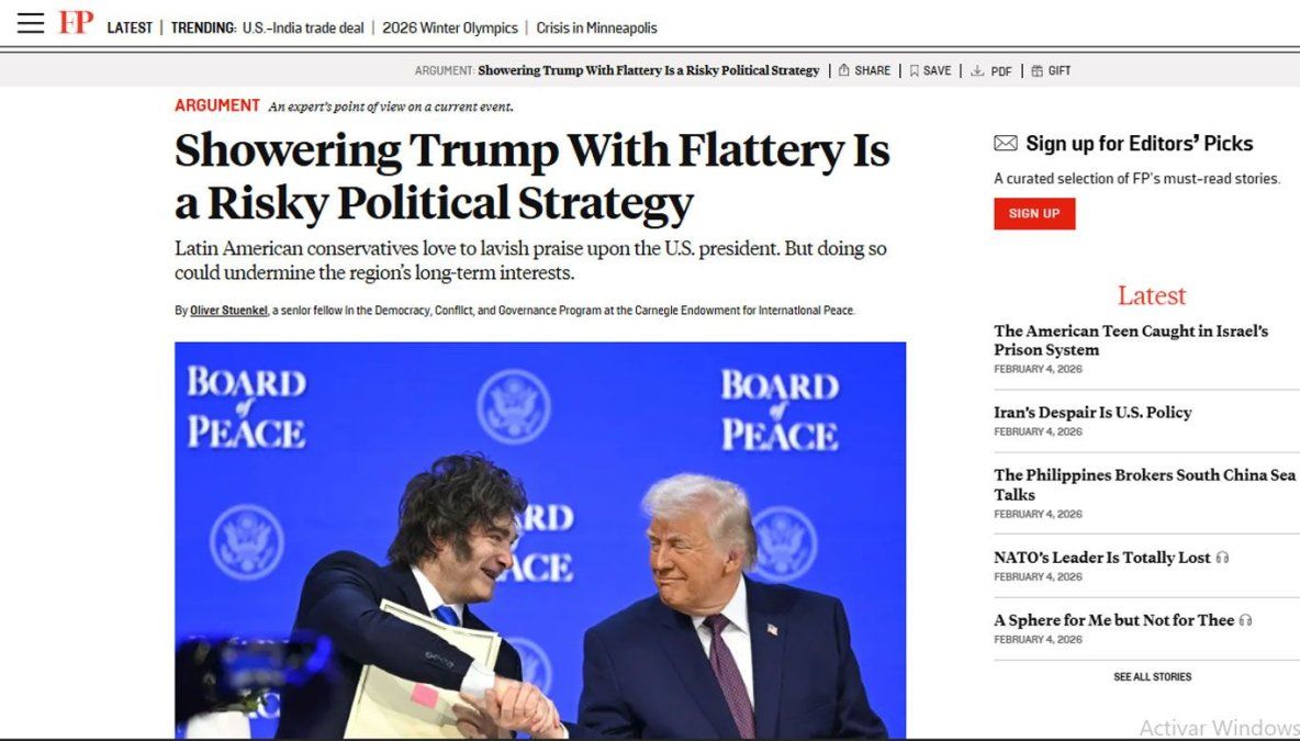 Javier Milei, un ejemplo exitoso -aunque riesgoso- del cortejo del caudillo Trump, según Foreign Policy.&nbsp;