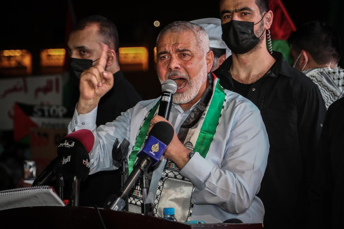 El jefe del buró político de Hamás, Ismail Haniya, durante un mitin en Doha el 15 de mayo de 2021. /MAHMOUD HEFNAWY / DPA El jefe del buró político de Hamás, Ismail Haniya, durante un mitin en Doha el 15 de mayo de 2021. /MAHMOUD HEFNAWY / DPA